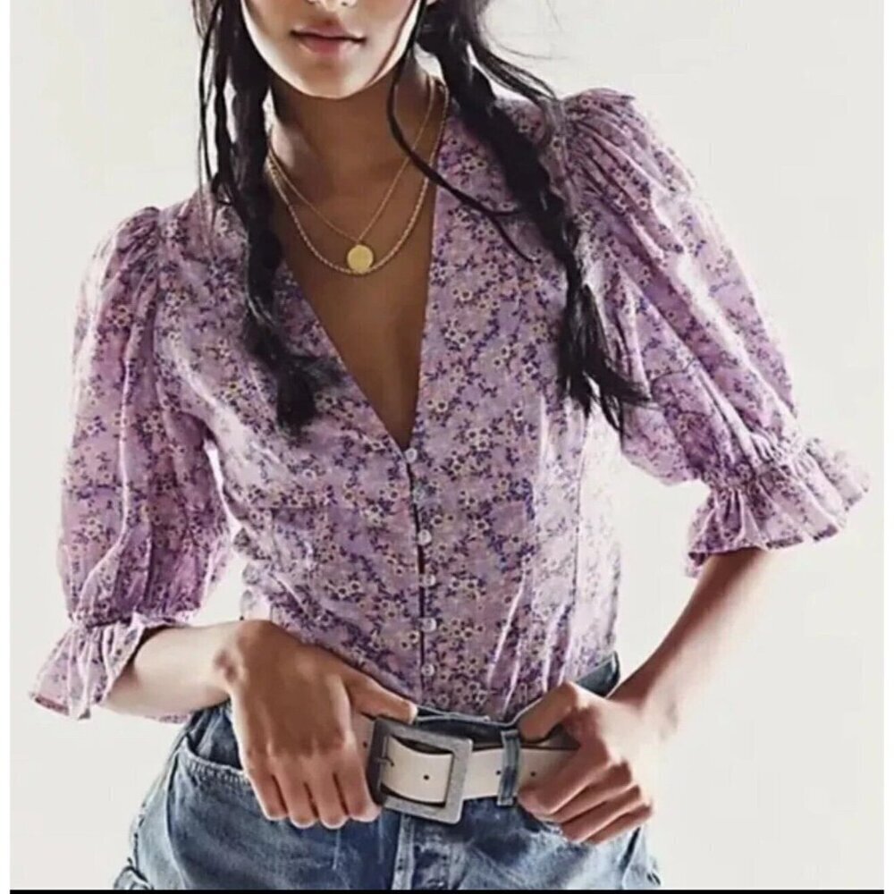 Free People Lavender Floral Button-Front Puff Sleeve Blouse